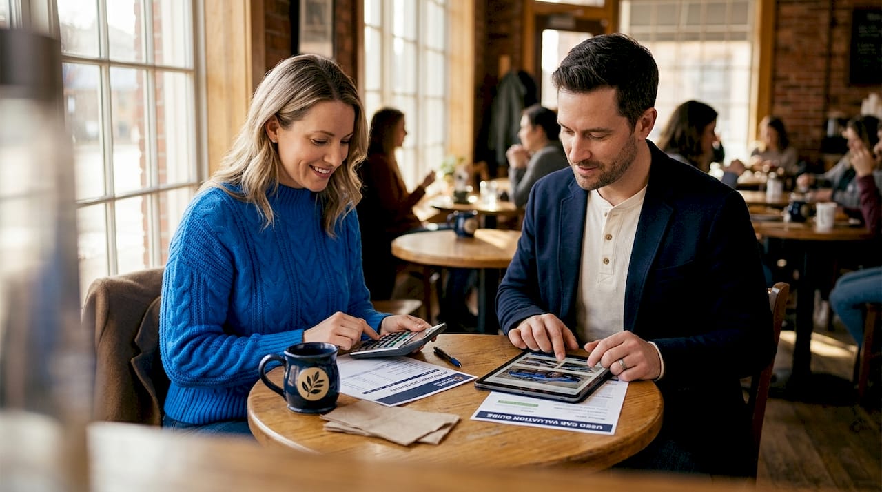 Couple reviewing auto loan and car value at table