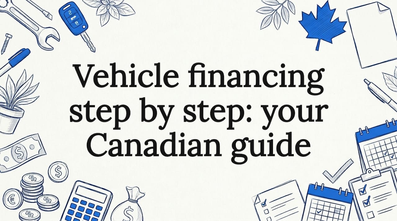 Decorative title card illustration with finance and car icons